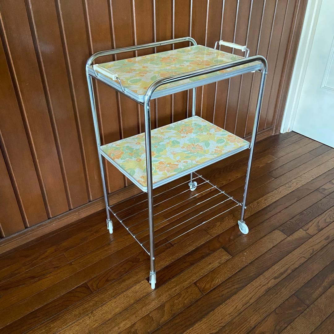 昭和レトロ キッチンワゴン 花柄 3段 当時物 レトロポップ トレー