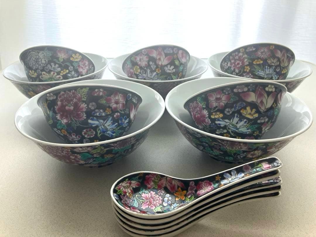 景徳鎮花柄陶器レンゲ丼鉢スープ茶碗中国骨董希少レア