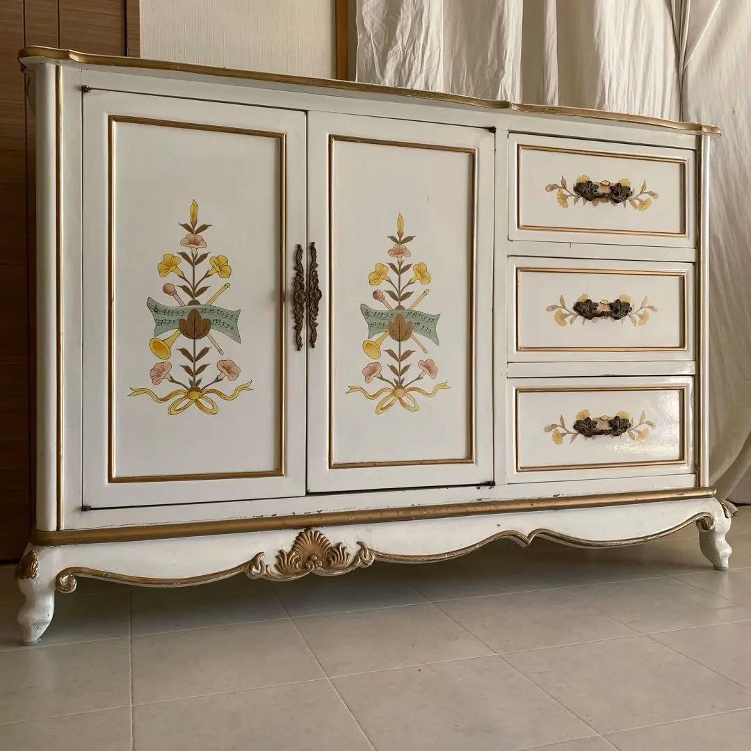 イタリア製　サイドボード　キャビネット　チェスト　トールペイント　猫脚　ロココ イタリア 3段 チェスト 茶 87cm 象嵌 ロココ調 家具 猫脚 丸脚 完成品