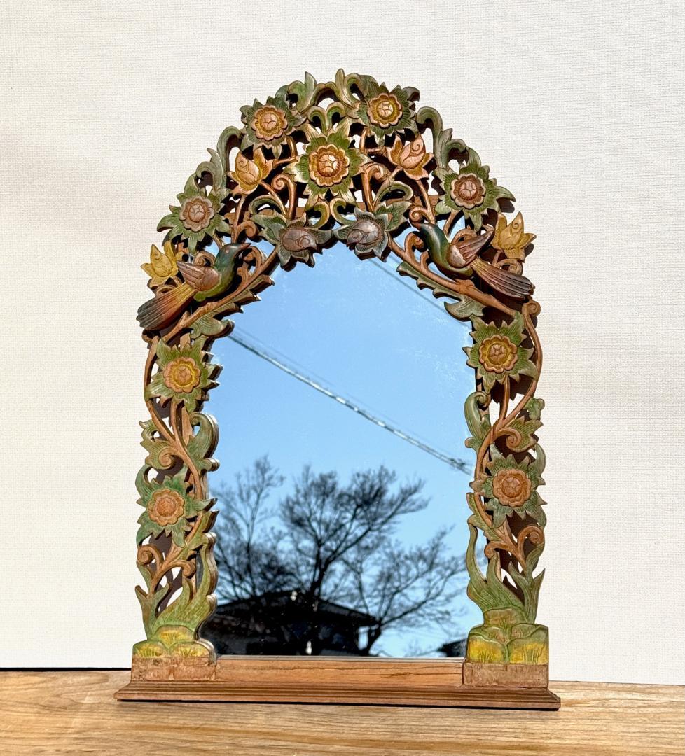 ビンテージ ウォールミラー 透かし彫りとレリーフが織りなす花鳥文 高