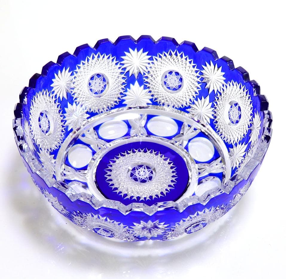 オールド・バカラ 1890年 大型 1.4kg 青色被せ 切子鉢 アートピース