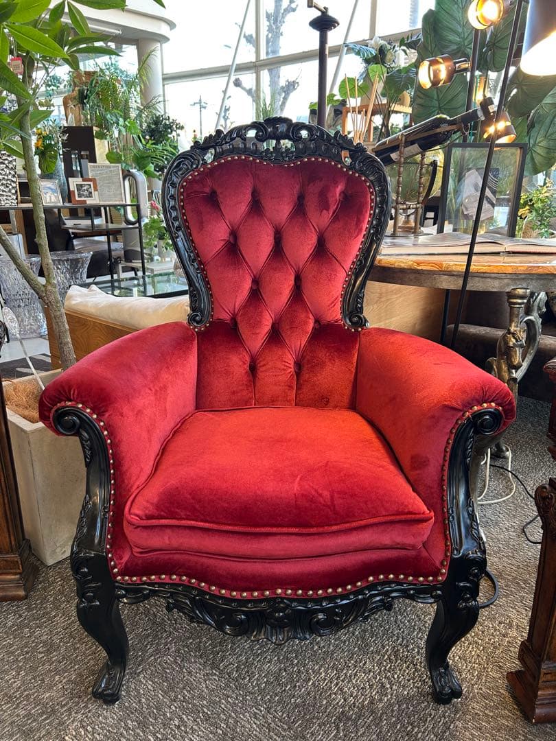 美品】クラシックロココ調 猫脚チェア 赤ベルベット 1人掛けソファ