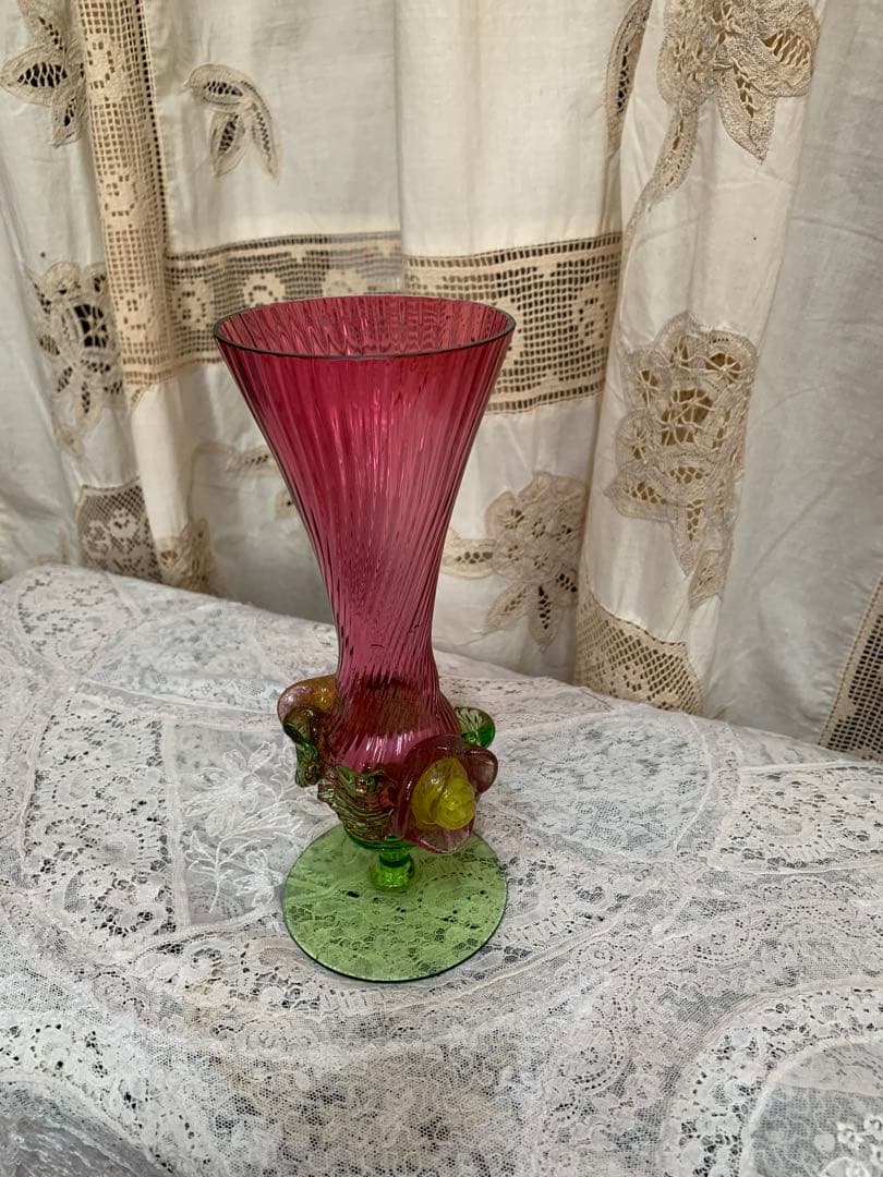 ヴェネチアンガラス　フラワーベース　花瓶　ピンクとグリーン グリーン ドット ピンク ガラス フラワーベース 花瓶 | 70PARK