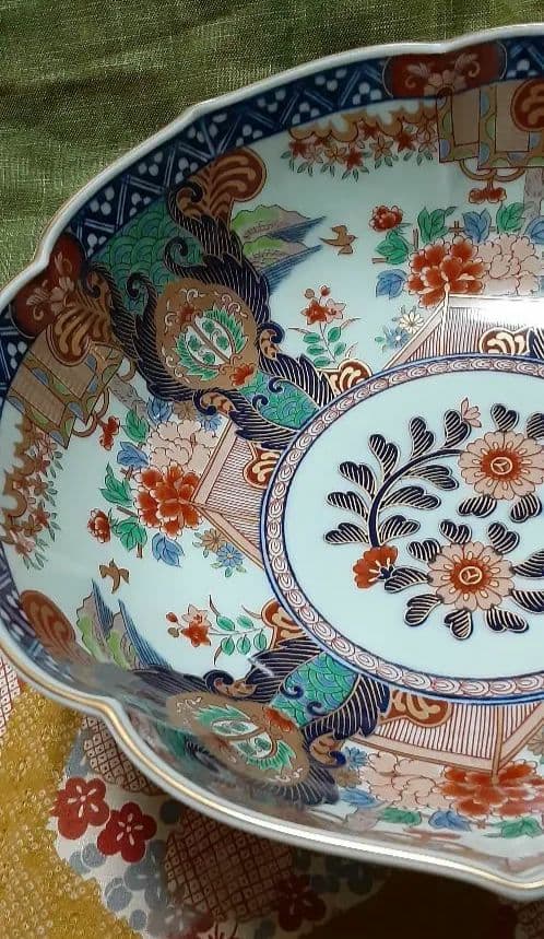 美品☘️有田焼 弥左衛門窯 金彩染錦☘️元禄みやび 輪花大鉢 26.5cm