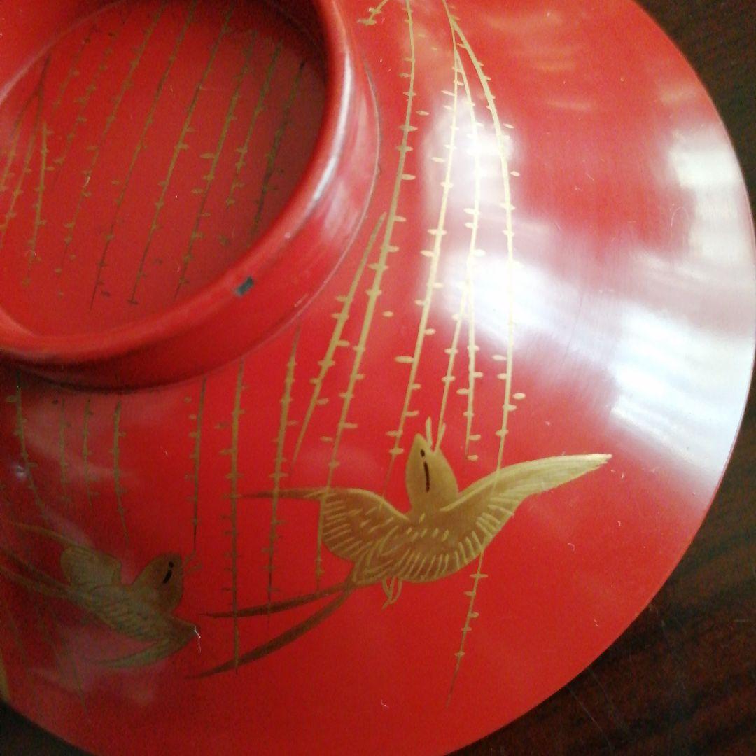 木製漆器　朱塗金彩柳飛鳥文蓋付椀　9客　10.5cm　江戸後期～明治期