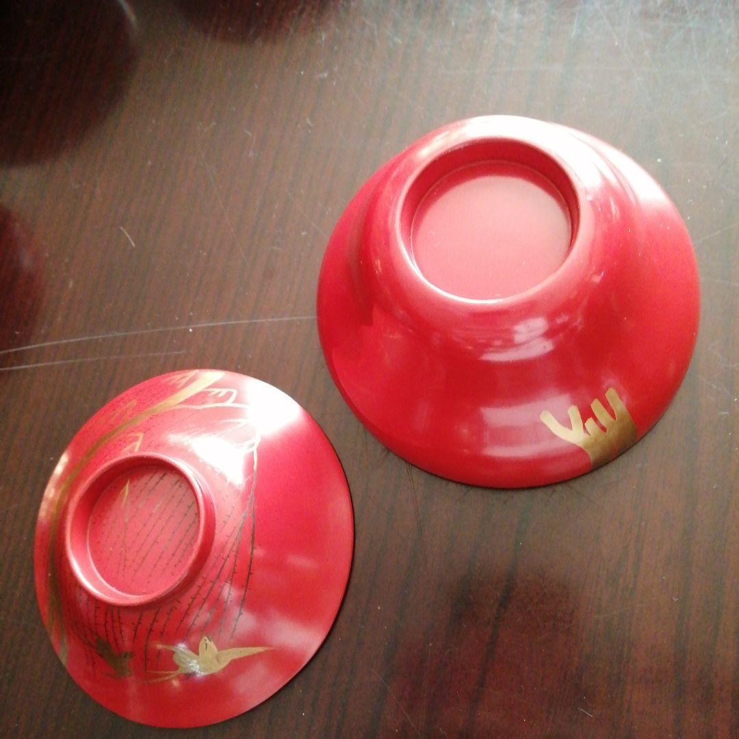 木製漆器　朱塗金彩柳飛鳥文蓋付椀　9客　10.5cm　江戸後期～明治期