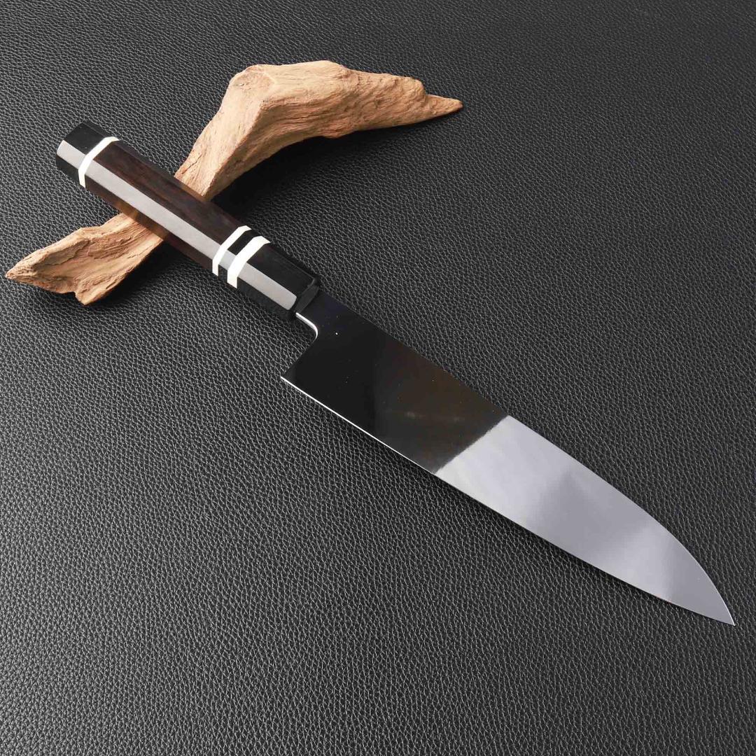 11040牛刀7寸家庭用 業務用刺身包丁鏡面仕上げ両刃 黒檀黒水牛白三本巻八角柄 楽天市場】大型牛刀 両刃包丁 尺一（刃渡り330mm）通常鏡面仕上げ 本刃