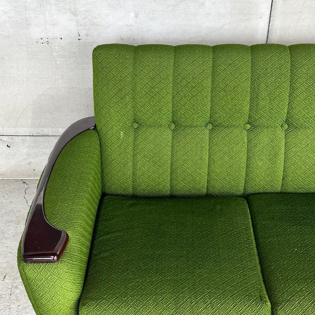 ✦70s✦昭和レトログリーンソファ 木肘 3人掛け ミッドセンチュリー
