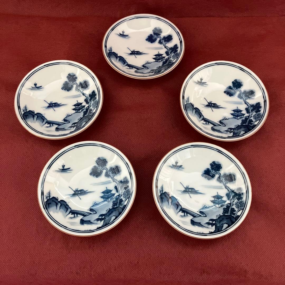 前畑陶器　庫山窯　染付山水画　豆皿揃　小皿揃　手塩皿　おてしょ　和食　五枚組 未使用 前畑陶器 庫山窯 染付山水画角皿揃 5枚組 隅切八角皿 美濃焼