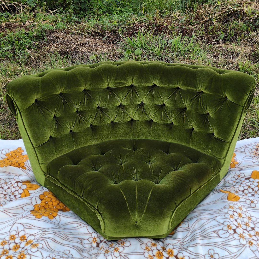 昭和レトロ オールド カリモク グリーン モケット コーナーソファ①ベルベット 昭和レトロ オールド カリモク グリーン モケット コーナーソファ①