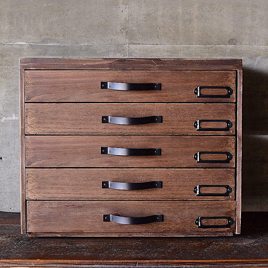 木製引き出し収納ボックス｜アンティーク5段チェスト／無垢材×アイアン