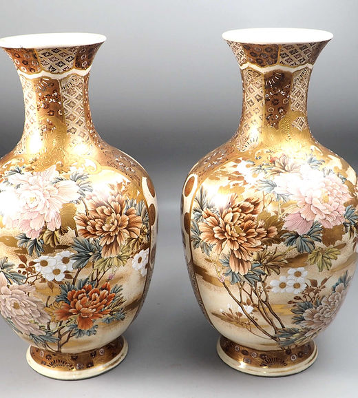 秘色】 錦光山宗兵衛 薩摩焼 京薩摩 花瓶 2点1組 底部に在銘「大日本