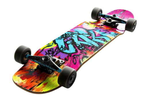 Vibrant skateboard with graffiti art design on deck. Bright colors