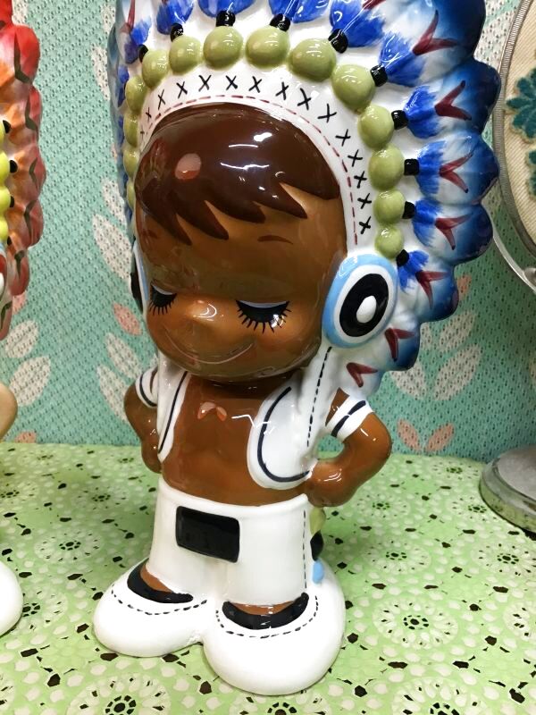 内藤ルネ インディアン貯金箱 陶器置物 赤 青 各種 特大24cm 2003年 R8