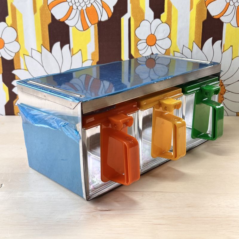 スチール製丈夫な三連調味料ケース 砂糖塩小麦粉 レトロポップ